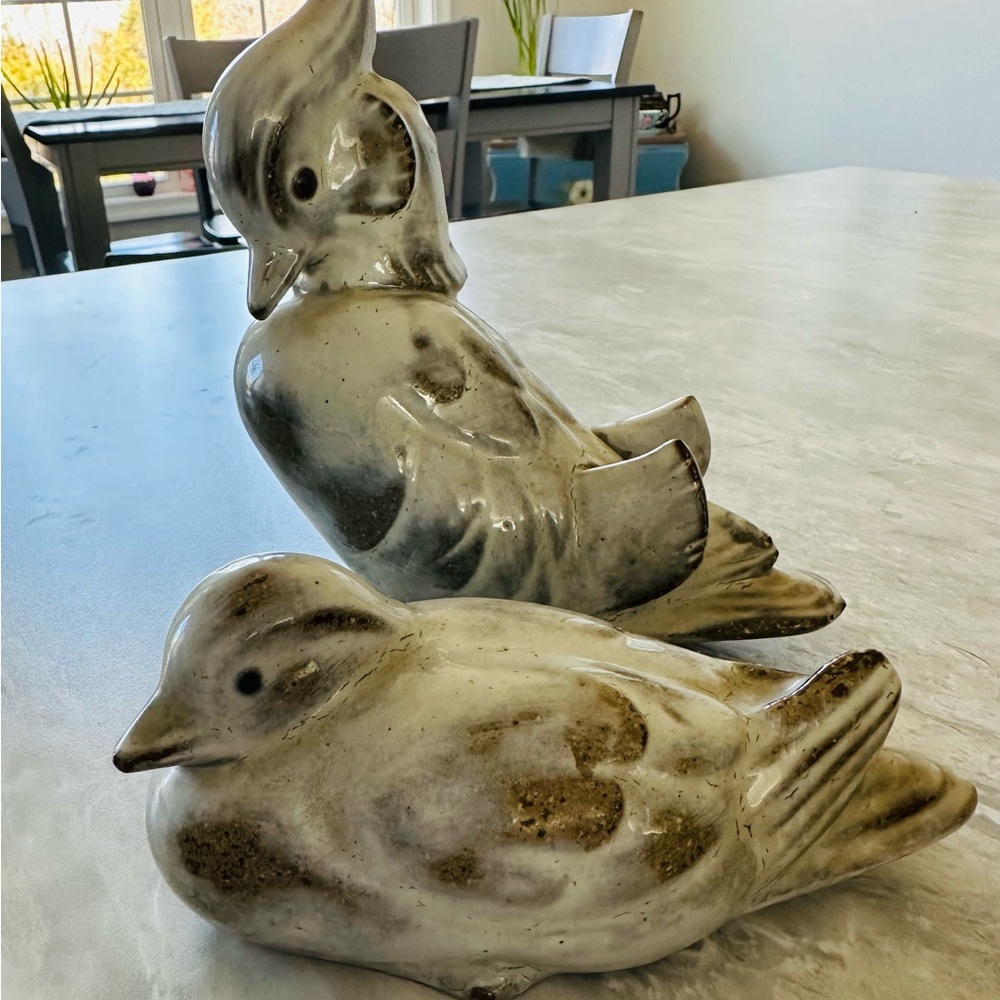 Vintage Japanese Ceramic Decorative Bird Figurines - Neutral Glazed Pair